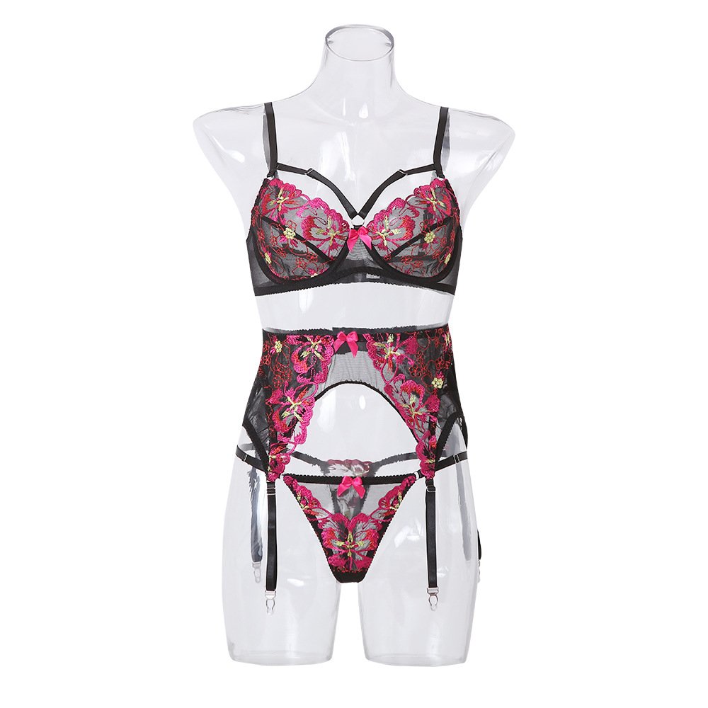 Factory outlet 2024 lace mesh floral embroidery lingerie sexy femmes thong garter straps bra sets sexy women underwear lenceria