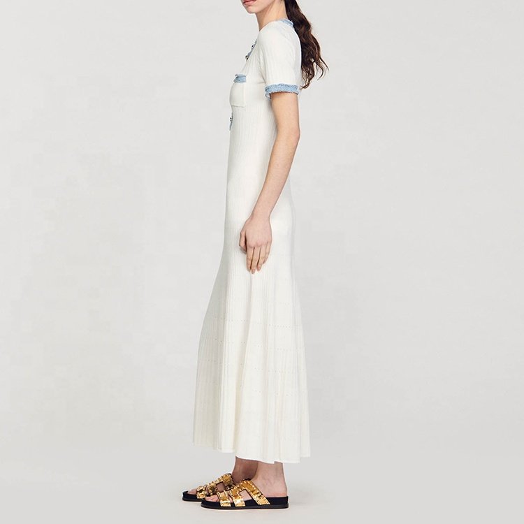 Knitwear Manufacturer Custom Spring Summer White crew Neck Short Sleeve Ribbed Knit Women Sweater Dress