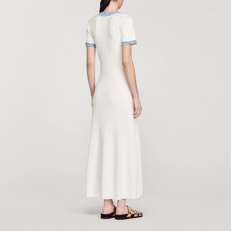 Knitwear Manufacturer Custom Spring Summer White crew Neck Short Sleeve Ribbed Knit Women Sweater Dress