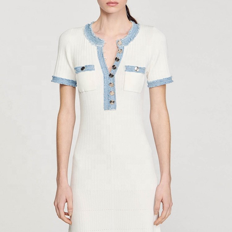 Knitwear Manufacturer Custom Spring Summer White crew Neck Short Sleeve Ribbed Knit Women Sweater Dress