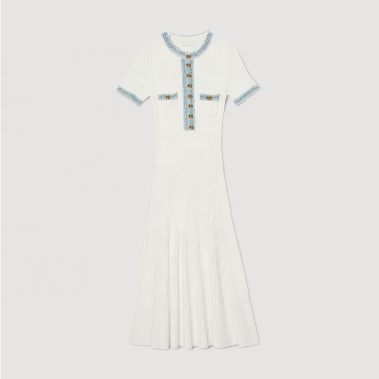 Knitwear Manufacturer Custom Spring Summer White crew Neck Short Sleeve Ribbed Knit Women Sweater Dress