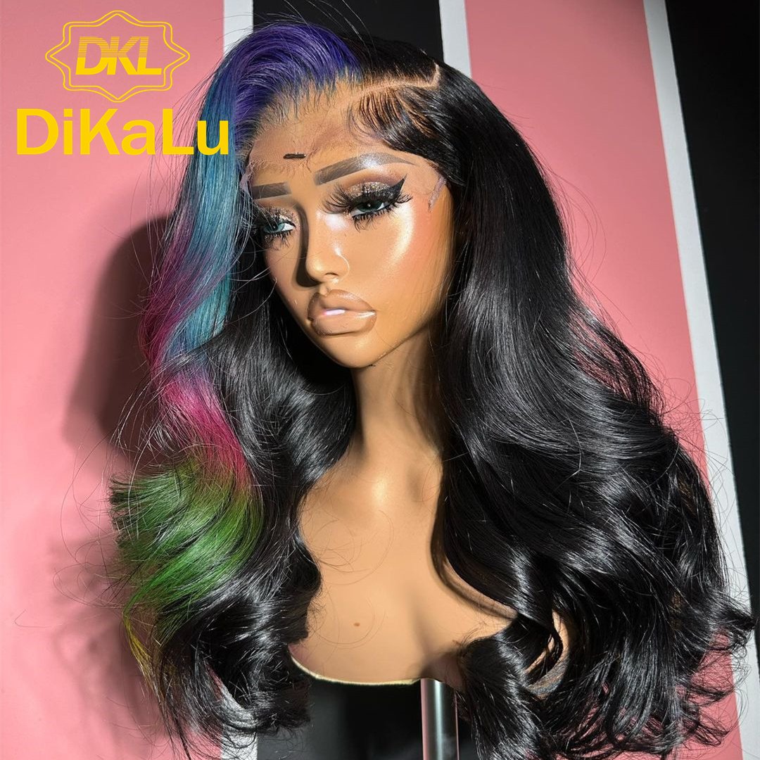 Blue and Pink Highlight Lace Front Human Hair Wig for Women Transparent Lace 30 Inches Body Wave Lace Frontal Wigs Brazilian