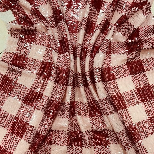 Design Cheap Luxury Full Tulle Embroidery red black plaid pattern Sequin Fabric for high fashion dress