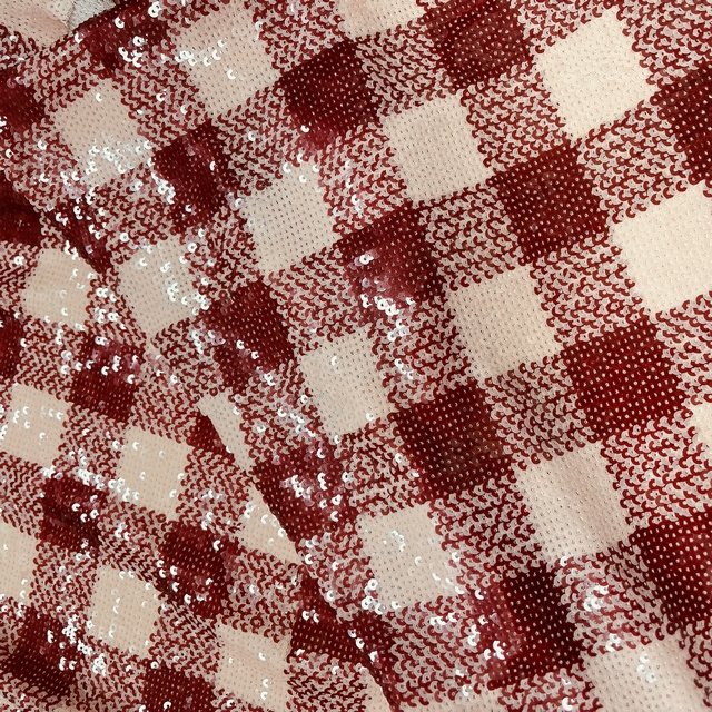 Design Cheap Luxury Full Tulle Embroidery red black plaid pattern Sequin Fabric for high fashion dress