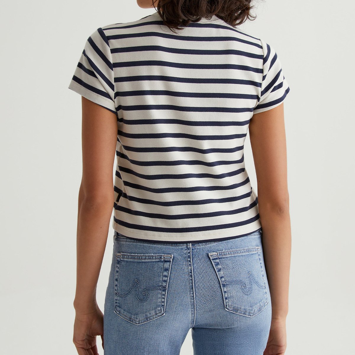 OEM/ODM Custom Women's Cropped Crewneck Tee - Vintage, Stretch-Blend Cotton, Breton Stripes, Short-Sleeve