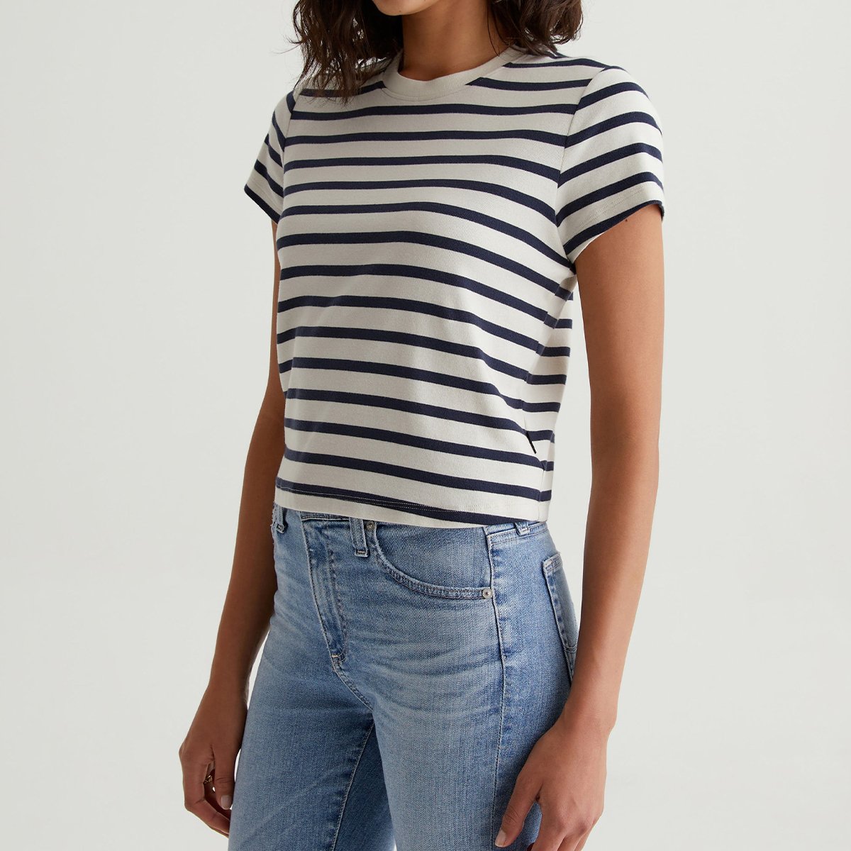 OEM/ODM Custom Women's Cropped Crewneck Tee - Vintage, Stretch-Blend Cotton, Breton Stripes, Short-Sleeve