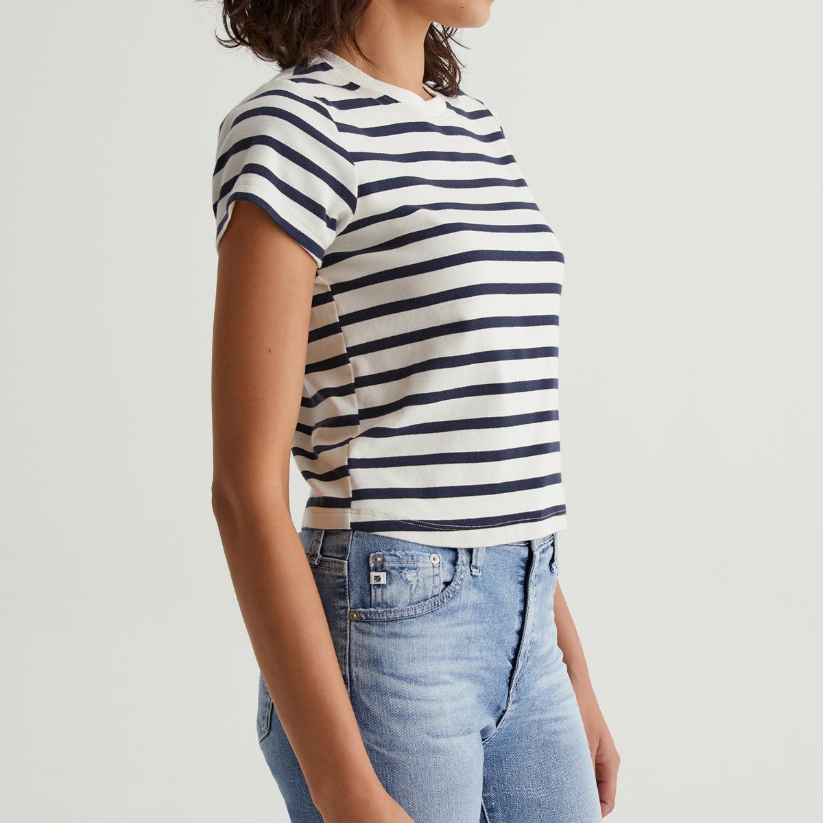 OEM/ODM Custom Women's Cropped Crewneck Tee - Vintage, Stretch-Blend Cotton, Breton Stripes, Short-Sleeve