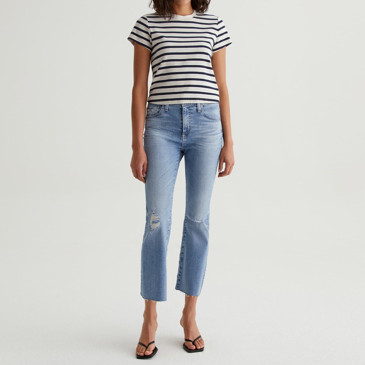 OEM/ODM Custom Women's Cropped Crewneck Tee - Vintage, Stretch-Blend Cotton, Breton Stripes, Short-Sleeve