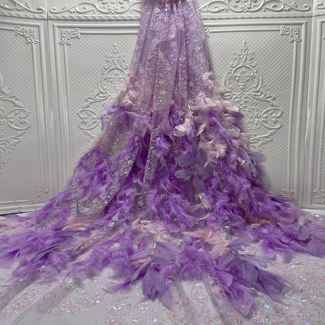 Glitter feather sequin lace fabric Luxury french tulle sequin feather fabric EMBROIDERY FEATHER lace fabric for evening dress