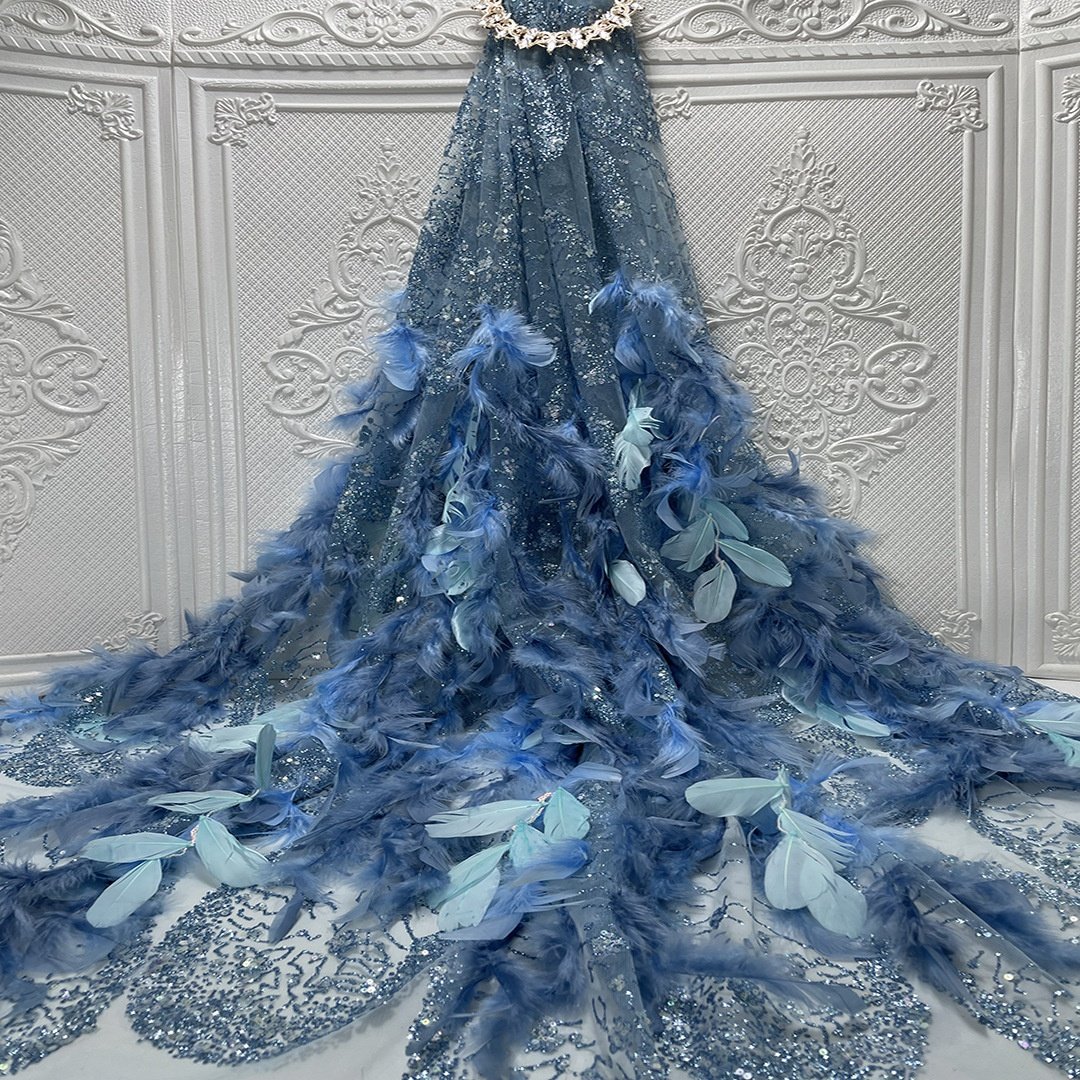 Glitter feather sequin lace fabric Luxury french tulle sequin feather fabric EMBROIDERY FEATHER lace fabric for evening dress