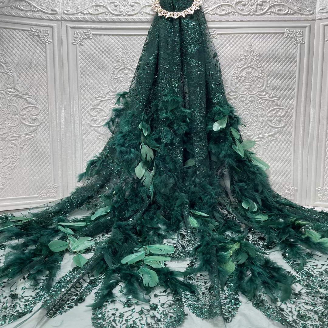 Glitter feather sequin lace fabric Luxury french tulle sequin feather fabric EMBROIDERY FEATHER lace fabric for evening dress