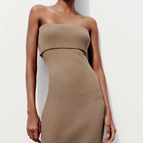 Women Custom Knit Ribbed Bandeau Dress Off The Shoulder Wrapped Hip Long Dresses For Beach Party Vacation
