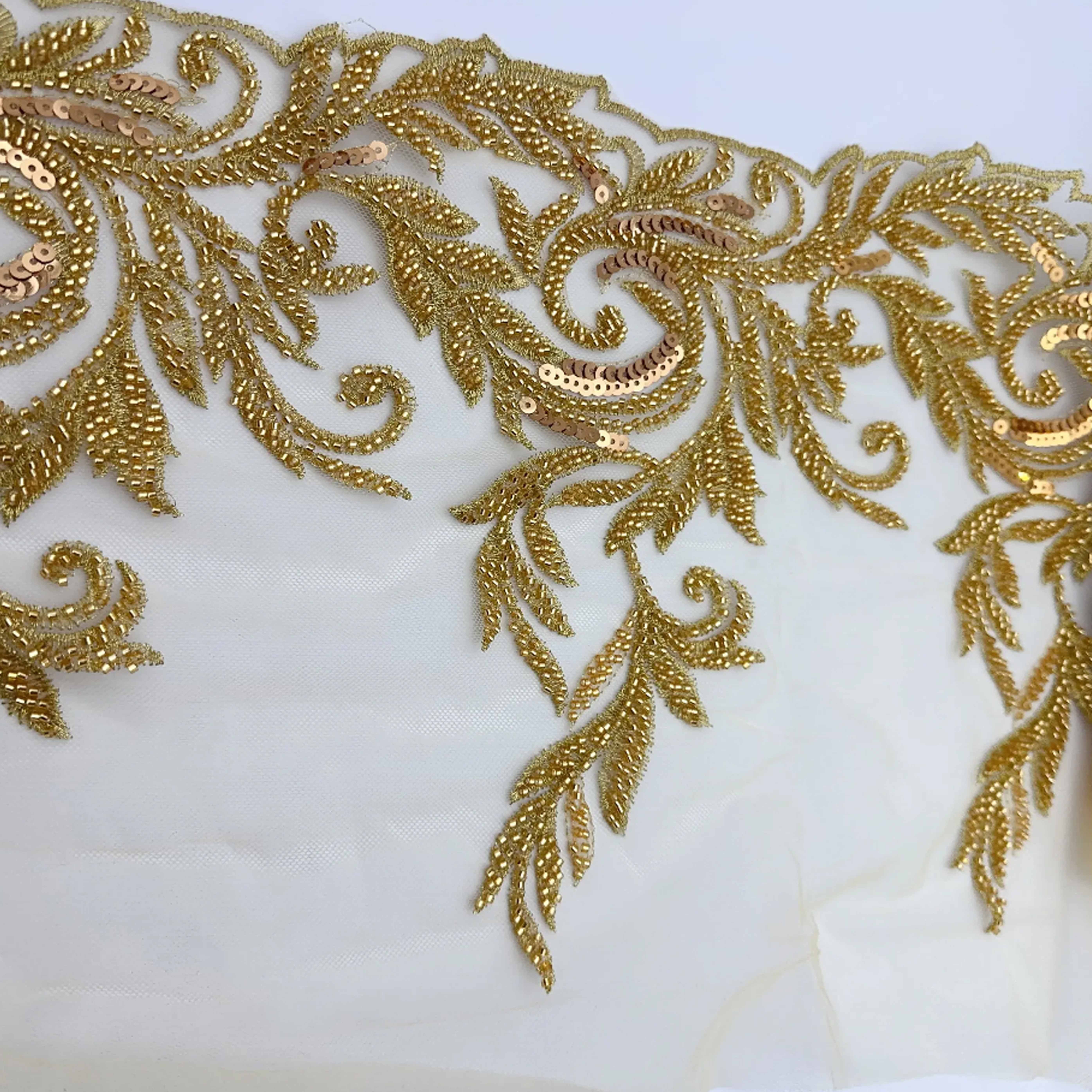 2024 Hot-Sale Gold Sequins Lace Trim Embroidery Custom 3d Tulle Flower Bead Lace Fabric For Women's Dresses