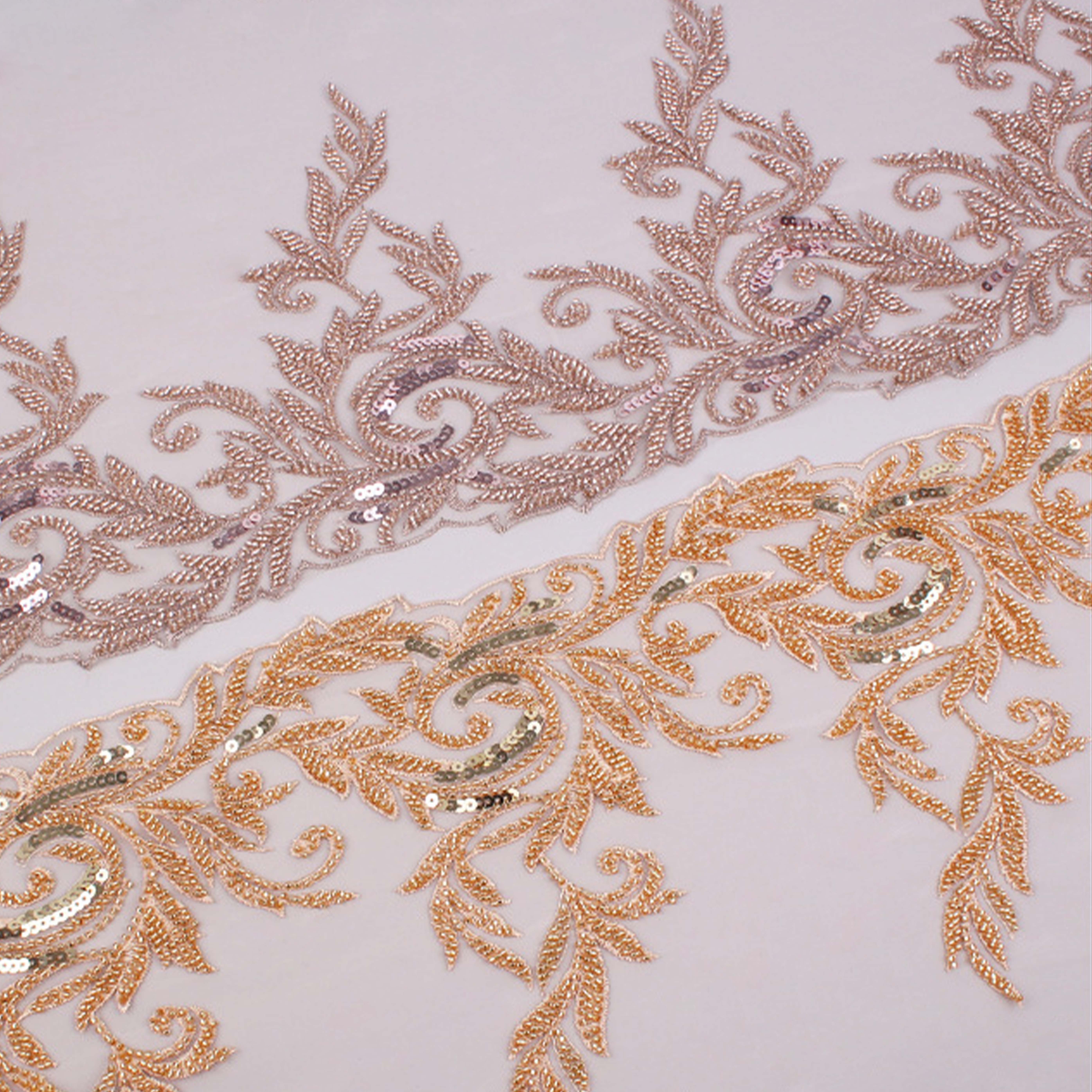 2024 Hot-Sale Gold Sequins Lace Trim Embroidery Custom 3d Tulle Flower Bead Lace Fabric For Women's Dresses