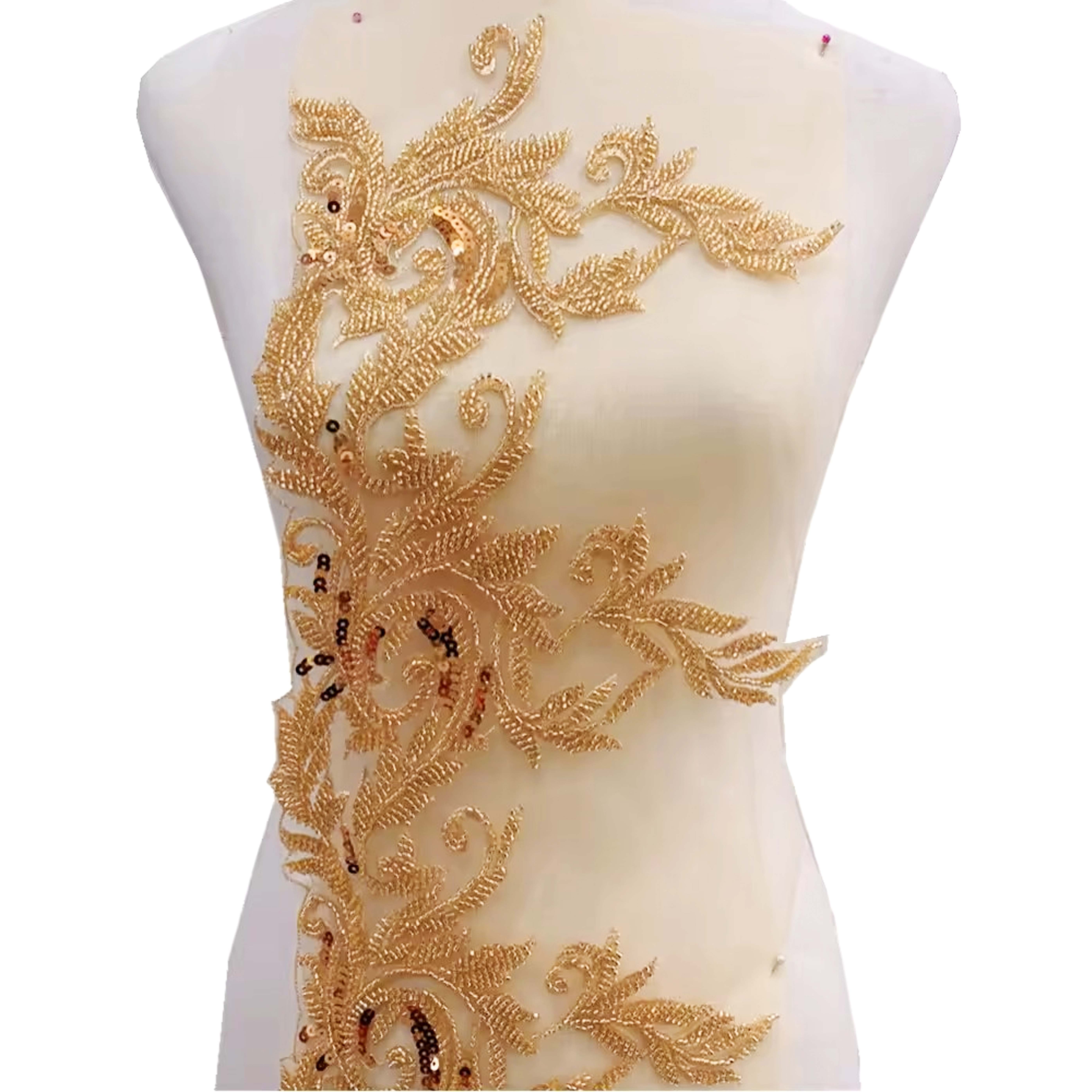 2024 Hot-Sale Gold Sequins Lace Trim Embroidery Custom 3d Tulle Flower Bead Lace Fabric For Women's Dresses