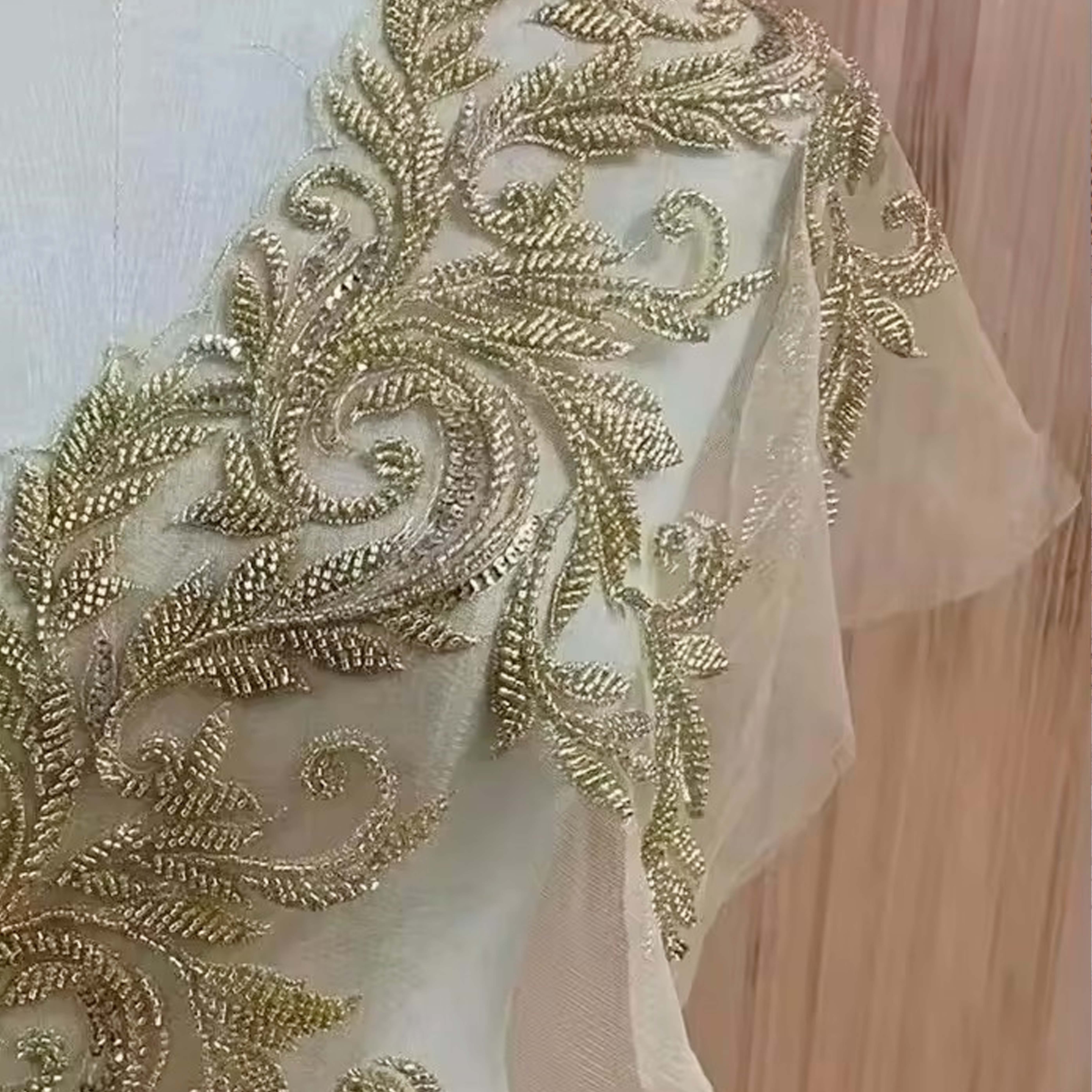 2024 Hot-Sale Gold Sequins Lace Trim Embroidery Custom 3d Tulle Flower Bead Lace Fabric For Women's Dresses