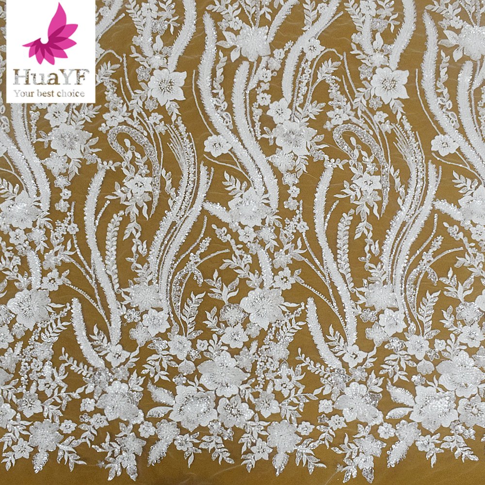 HY2220 Latest Flower embroidery beaded lace fabric with sequin luxury bridal french lace fabric wholesale