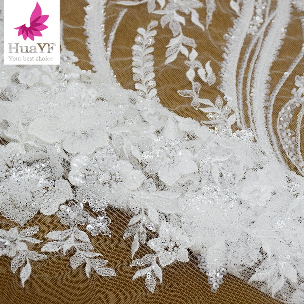 HY2220 Latest Flower embroidery beaded lace fabric with sequin luxury bridal french lace fabric wholesale