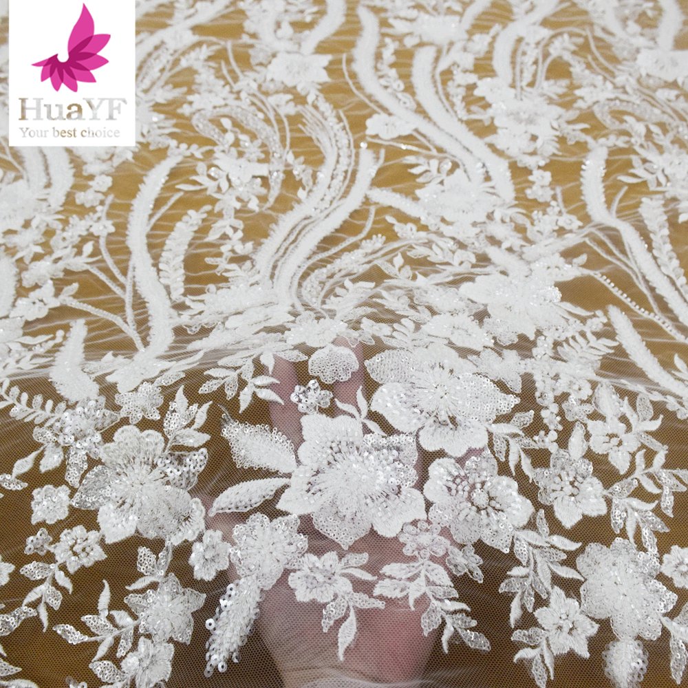 HY2220 Latest Flower embroidery beaded lace fabric with sequin luxury bridal french lace fabric wholesale