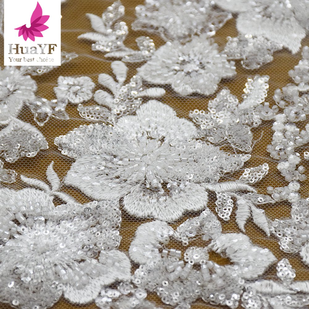 HY2220 Latest Flower embroidery beaded lace fabric with sequin luxury bridal french lace fabric wholesale