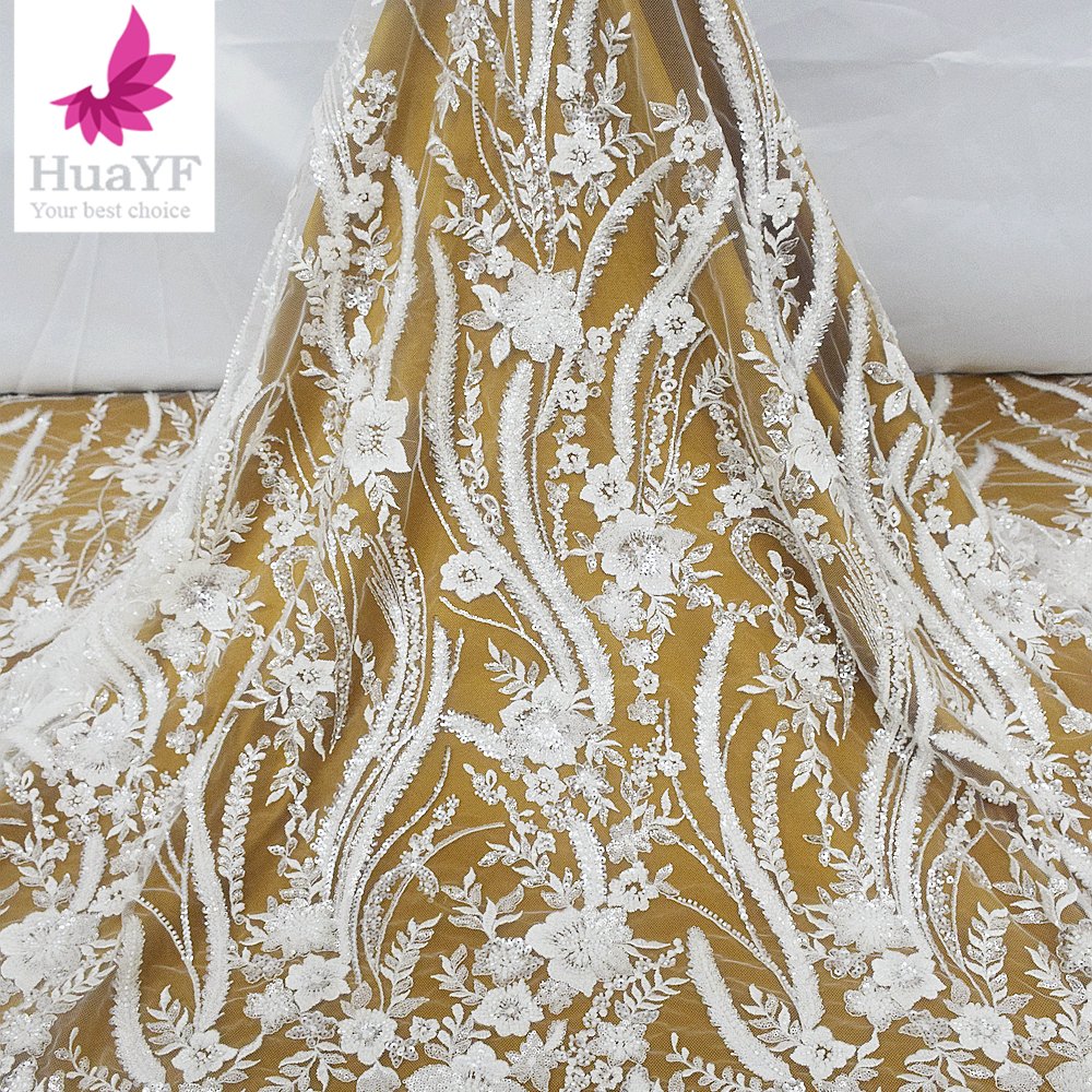 HY2220 Latest Flower embroidery beaded lace fabric with sequin luxury bridal french lace fabric wholesale
