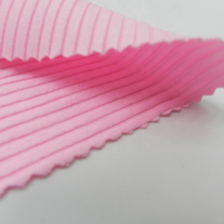 Hot sales of popular pink crinkle polyester spandex 290gsm textured stripe ribbed knitted fabric for swimwear bikini dress