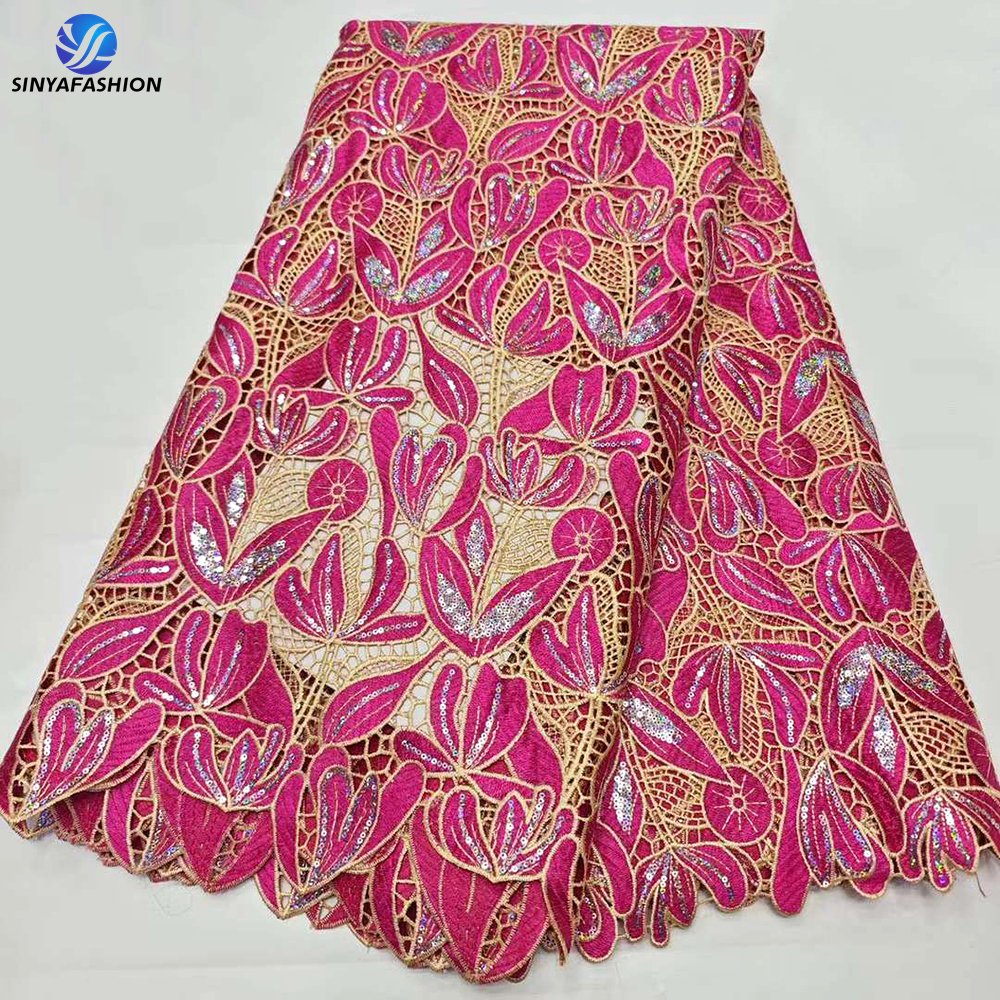 Sinya African Embroidered Guipure Lace Fabric High Quality Cord Lace With Sequins For Wedding Party Dress