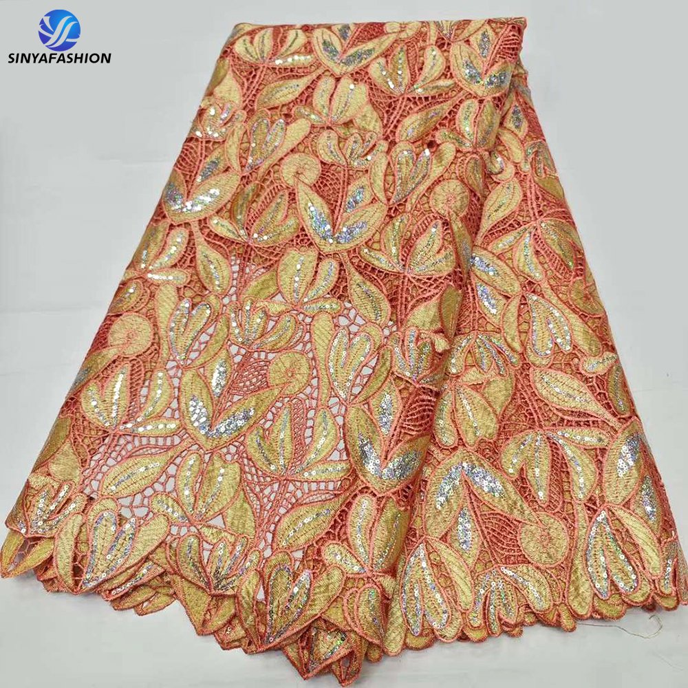 Sinya African Embroidered Guipure Lace Fabric High Quality Cord Lace With Sequins For Wedding Party Dress