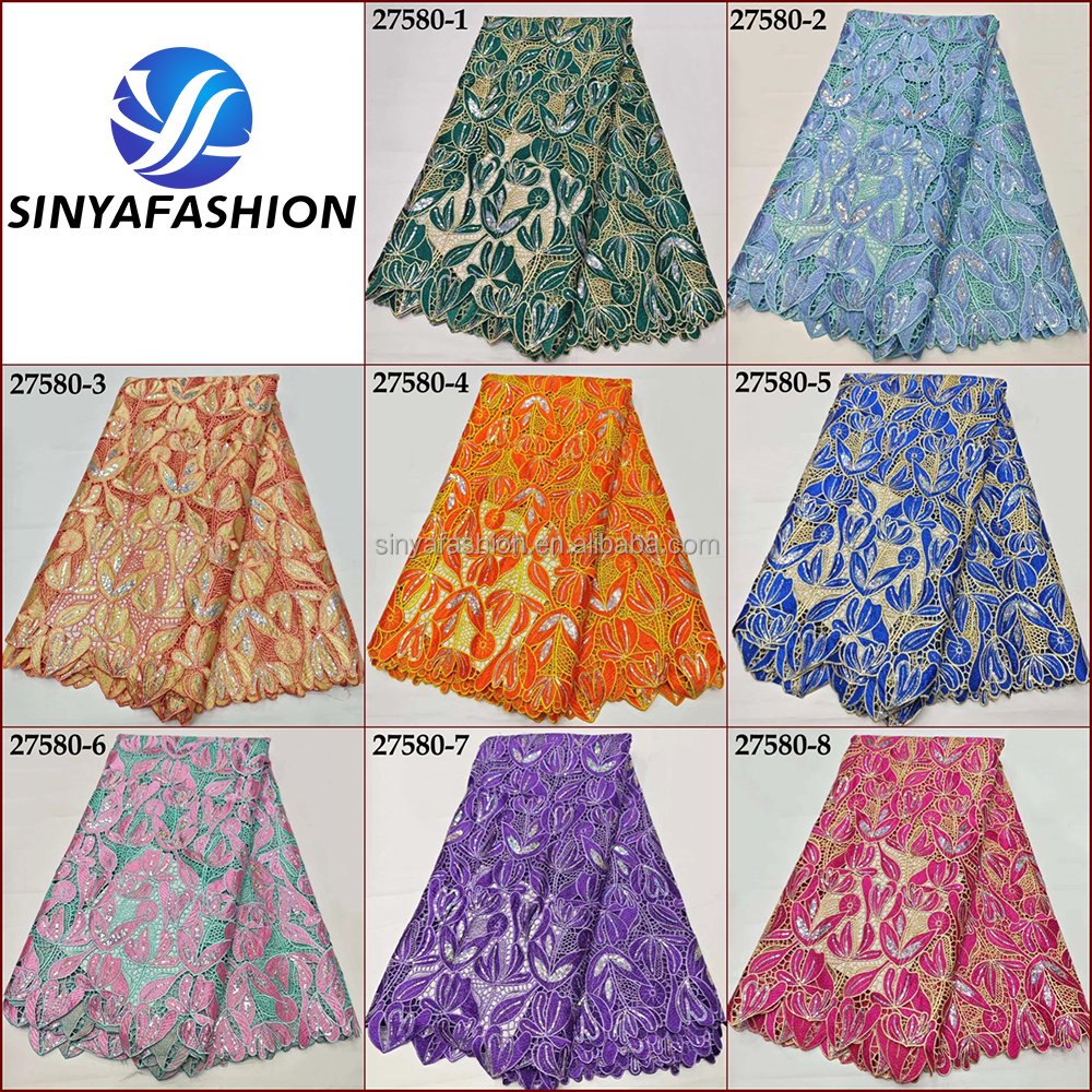 Sinya African Embroidered Guipure Lace Fabric High Quality Cord Lace With Sequins For Wedding Party Dress