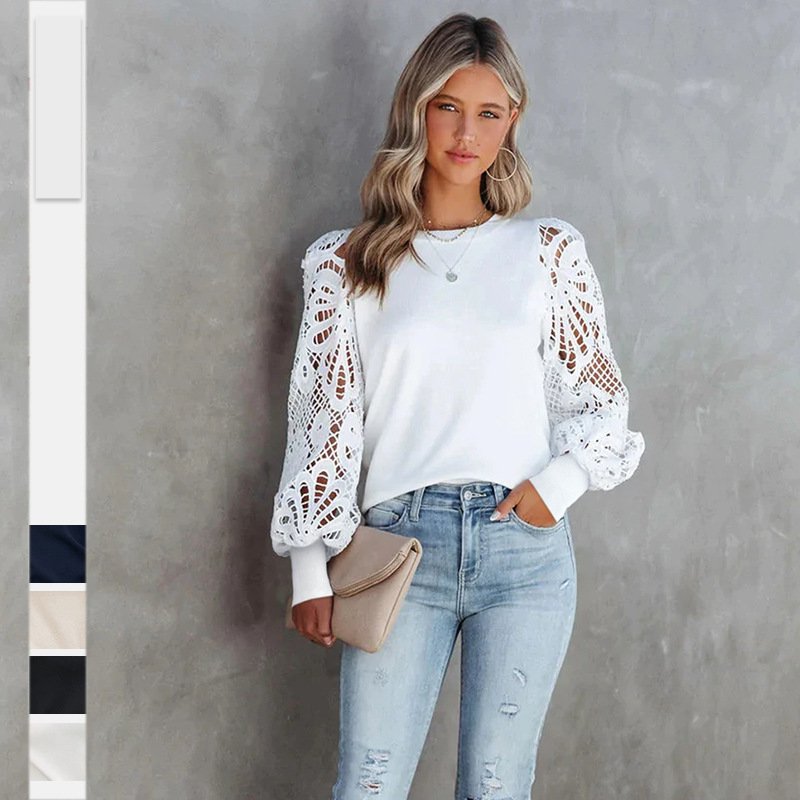 Wholesale Knit Rib Tops Lace Puff Long Sleeve Crew Neck Blouse Tops For Women