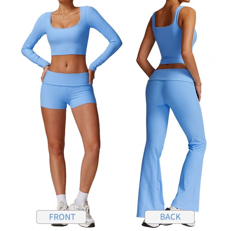 TZ8828 Women's Lace Trim Ribbed Knit Sets Square Neck Top and Yoga pants Matching 2 Piece Lounge Set Yoga Fitness Set