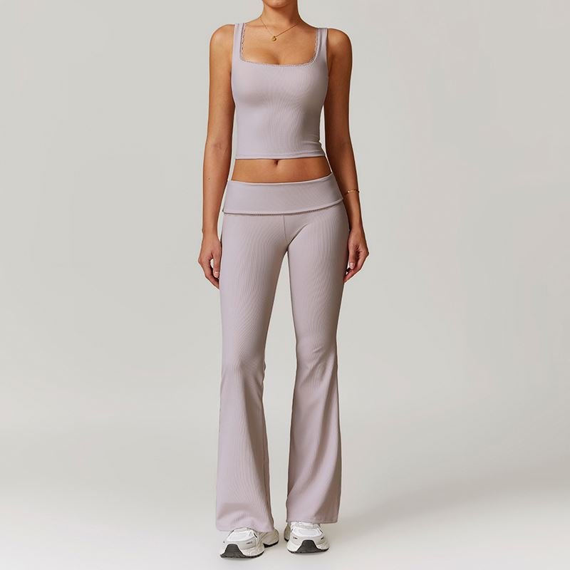 TZ8828 Women's Lace Trim Ribbed Knit Sets Square Neck Top and Yoga pants Matching 2 Piece Lounge Set Yoga Fitness Set
