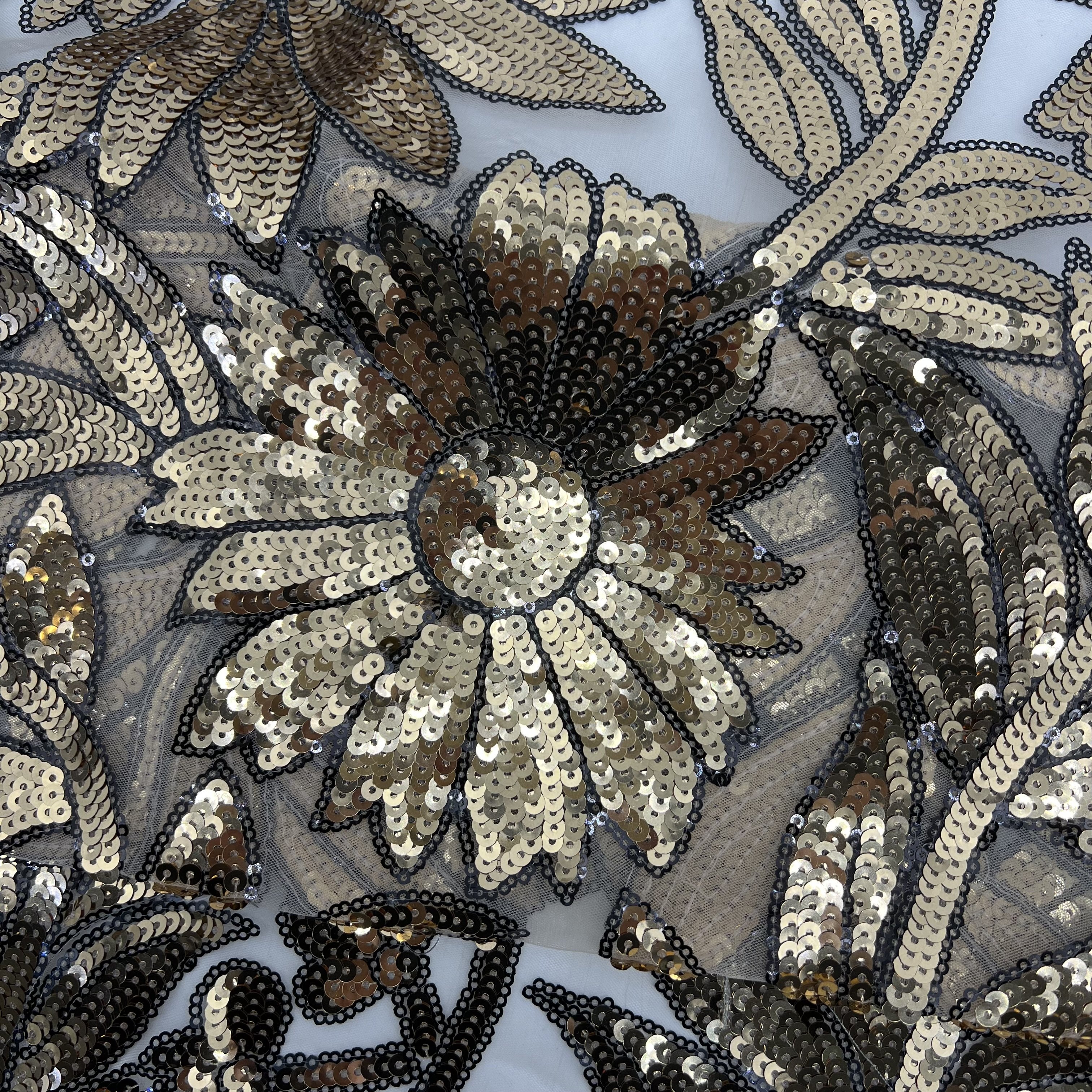 High Quality Luxury Design Gold Sunflower Sequin Lace Fabric On Organza Fabric for Fashion Dress LP21030610