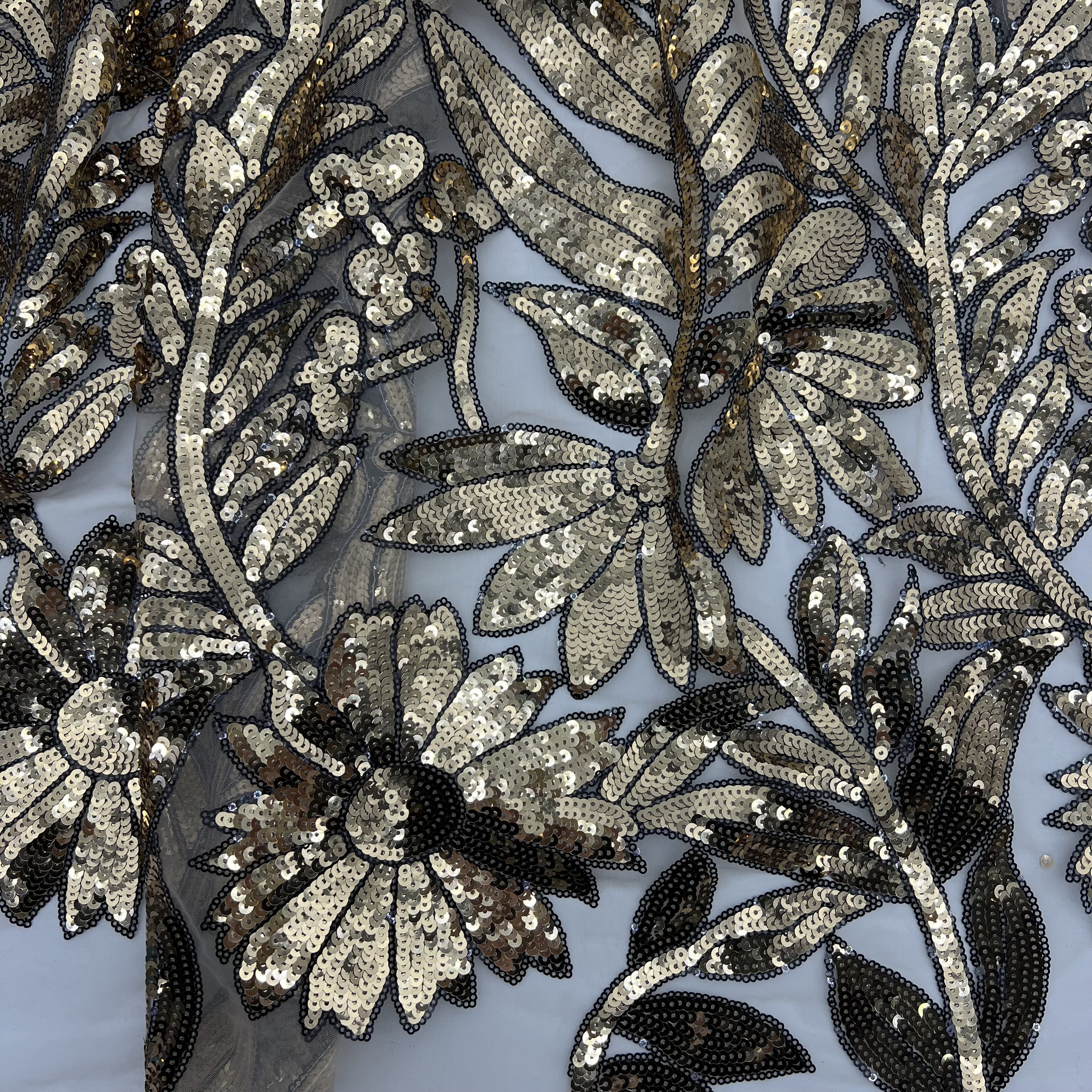 High Quality Luxury Design Gold Sunflower Sequin Lace Fabric On Organza Fabric for Fashion Dress LP21030610