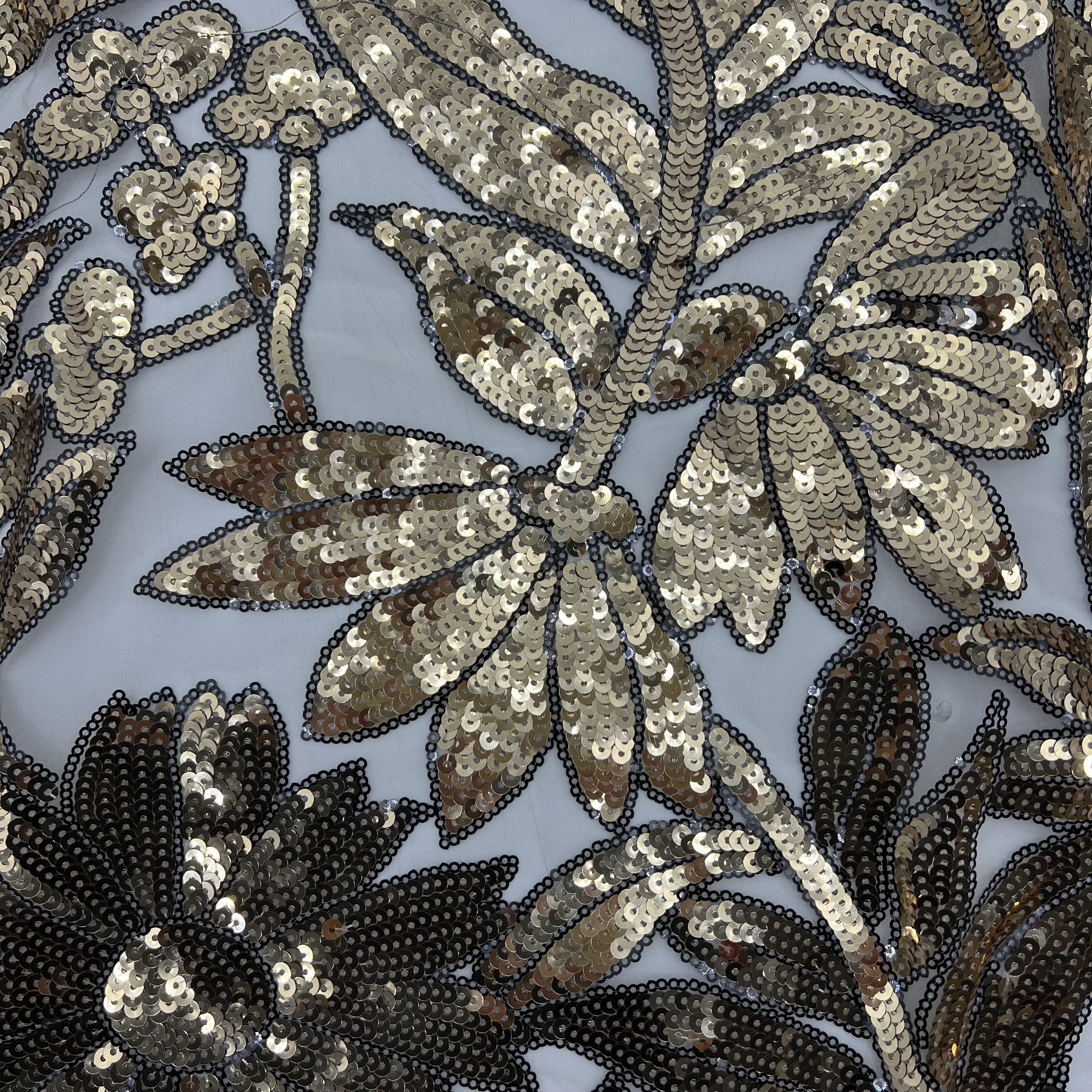 High Quality Luxury Design Gold Sunflower Sequin Lace Fabric On Organza Fabric for Fashion Dress LP21030610