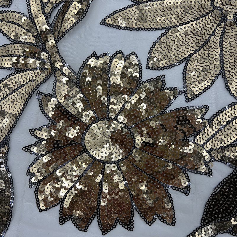 High Quality Luxury Design Gold Sunflower Sequin Lace Fabric On Organza Fabric for Fashion Dress LP21030610