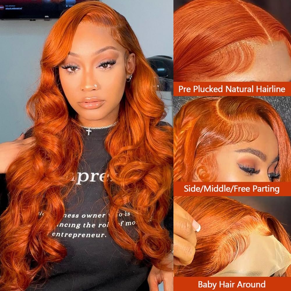 Brazilian Raw Virgin Hair colored Ginger Lace Front Wig Pre plucked Ginger Orange Hd Lace Human Hair Wigs with Baby Hair