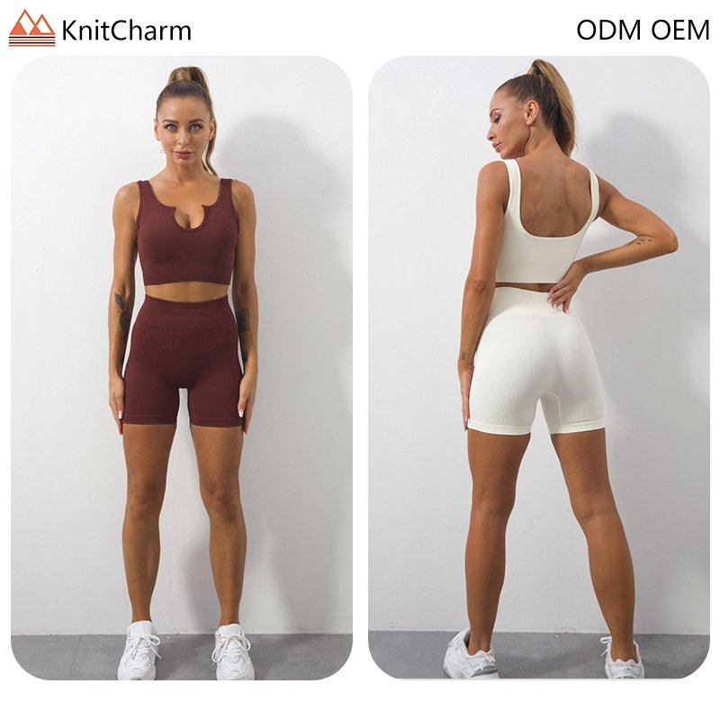 Wholesale Seamless Ribbed Knit High-Rise Shorts Square Neck U-Neck Full Support Bra Yoga Set Activewear Sets For Women