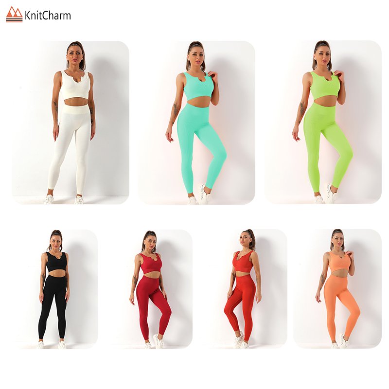 Wholesale Seamless Ribbed Knit High-Rise Shorts Square Neck U-Neck Full Support Bra Yoga Set Activewear Sets For Women