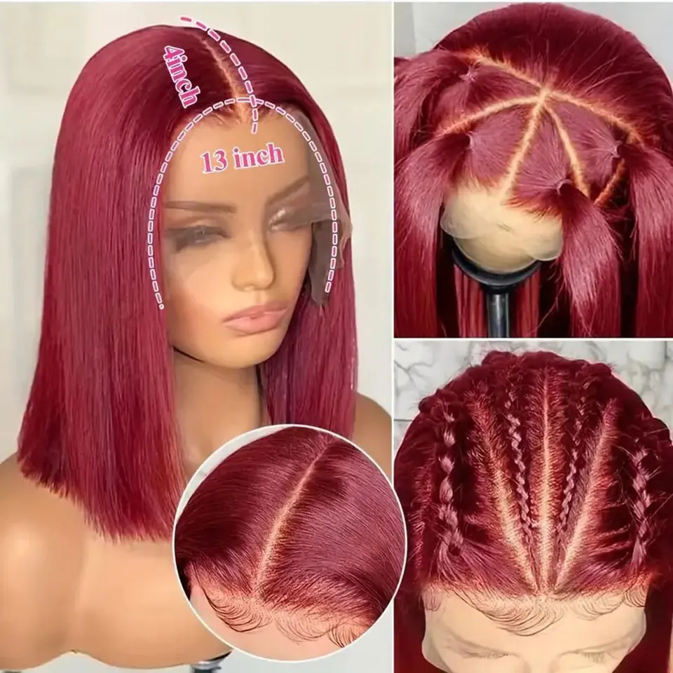 Burgundy Short Bob Straight Wigs Transparent Lace Frontal Wigs for Women Pre-Plucked 100% Brazilian Virgin Hair 8"-14"