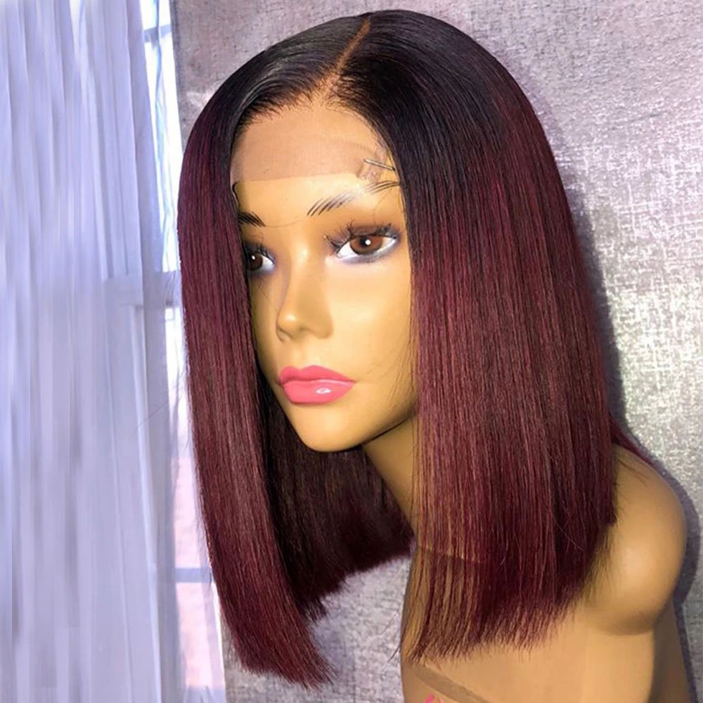 Burgundy Short Bob Straight Wigs Transparent Lace Frontal Wigs for Women Pre-Plucked 100% Brazilian Virgin Hair 8"-14"