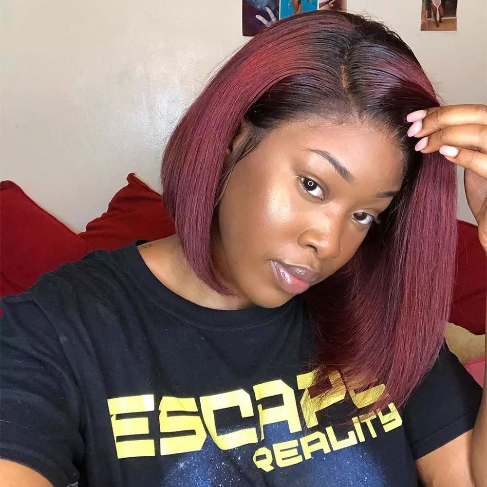 Burgundy Short Bob Straight Wigs Transparent Lace Frontal Wigs for Women Pre-Plucked 100% Brazilian Virgin Hair 8"-14"