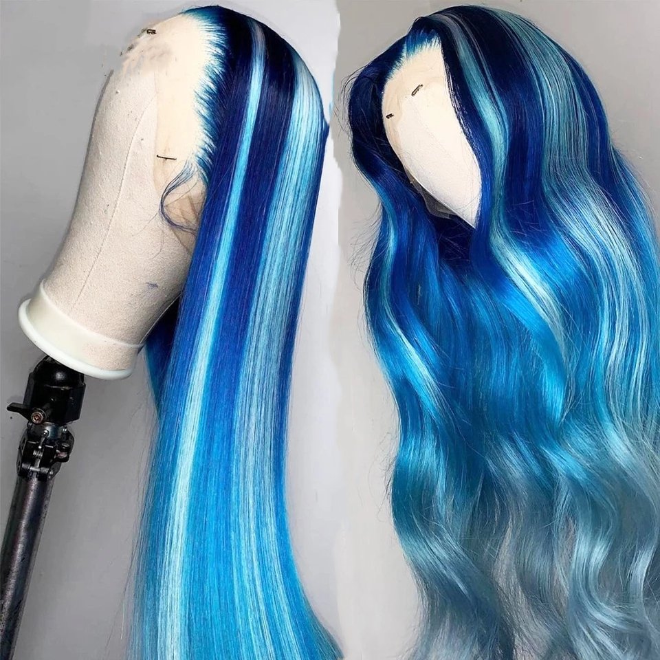 Real HD Lace Highlight Blue Color Virgin Brazilian Cuticle Aligned Human Hair Full 360 Lace Frontal Closure Wigs