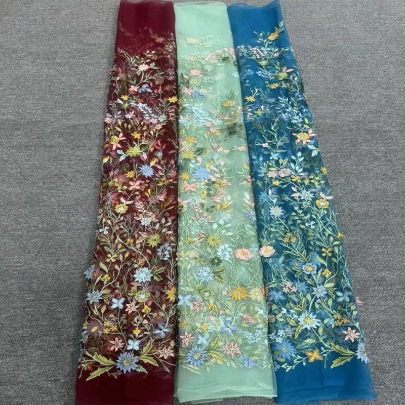 Width 125 cm Polyester colorful plants flowers Embroidery fabric aquatic plant Mesh tulle Lace Fabric for wedding Dress