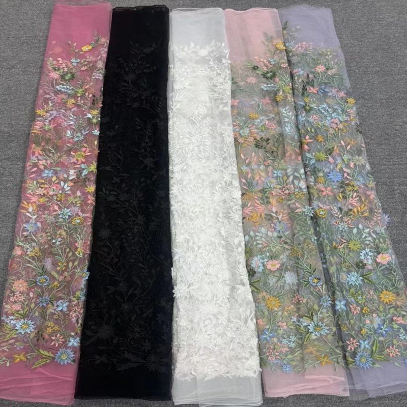 Width 125 cm Polyester colorful plants flowers Embroidery fabric aquatic plant Mesh tulle Lace Fabric for wedding Dress