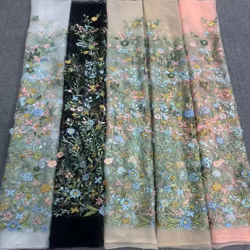 Width 125 cm Polyester colorful plants flowers Embroidery fabric aquatic plant Mesh tulle Lace Fabric for wedding Dress