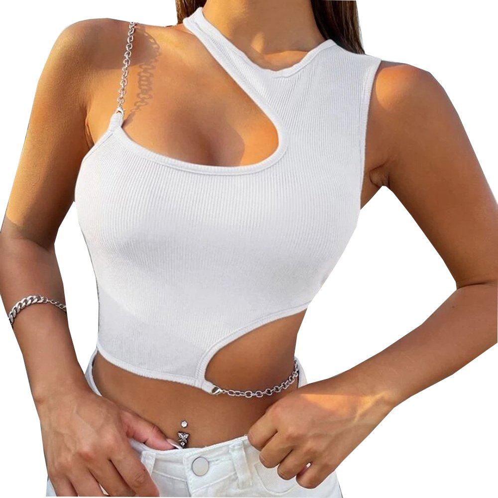 Garsia 9243TD Cut Out Rib Knit Crop Top Women Summer Clothes High Street Grunge Asymmetrical Neck Sleeveless Tank