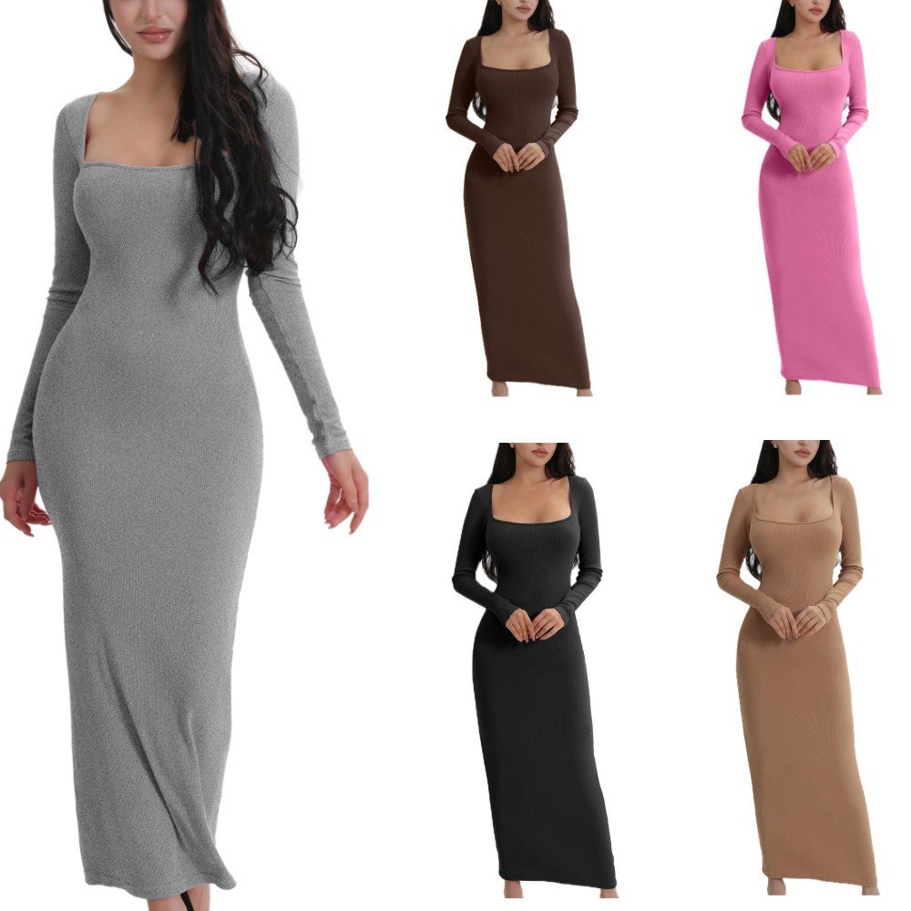 Fall Women Clothing Wholesale Elegant Party Maxi Bodycon Ribbed Knitted Lounge Wear Dupe Long Sleeve Dress Premium Backless
