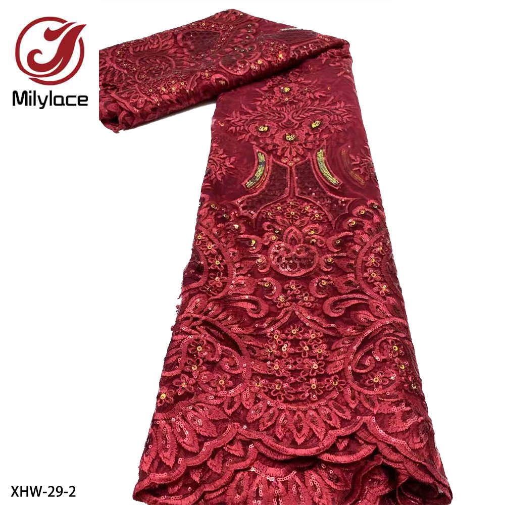 Luxury Embroidery Gold Sequins High Quality Red African Tulle Mesh Nigerian Lace Fabric for Dress