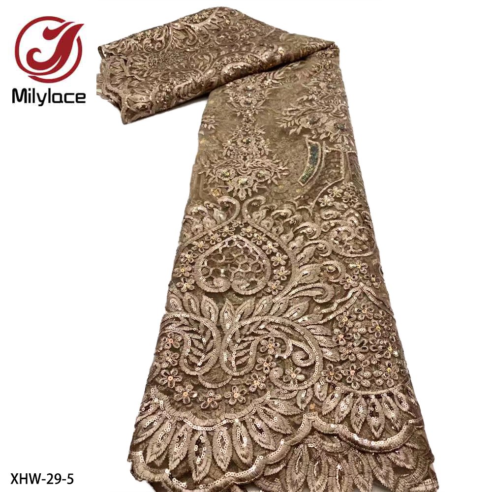Luxury Embroidery Gold Sequins High Quality Red African Tulle Mesh Nigerian Lace Fabric for Dress